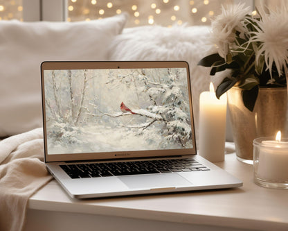 Red Cardinal Desktop Wallpaper Set, Christmas Phone Wallpaper, Winter iPhone Wallpaper, Aesthetic iPad Background Vintage Style | WS157