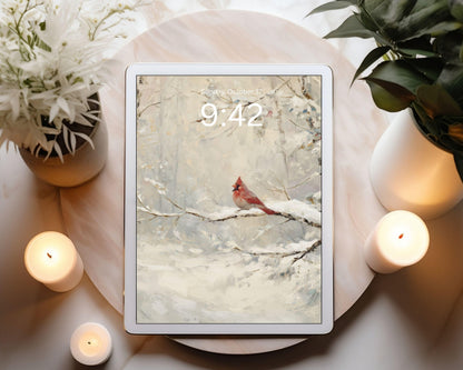 Red Cardinal Desktop Wallpaper Set, Christmas Phone Wallpaper, Winter iPhone Wallpaper, Aesthetic iPad Background Vintage Style | WS157