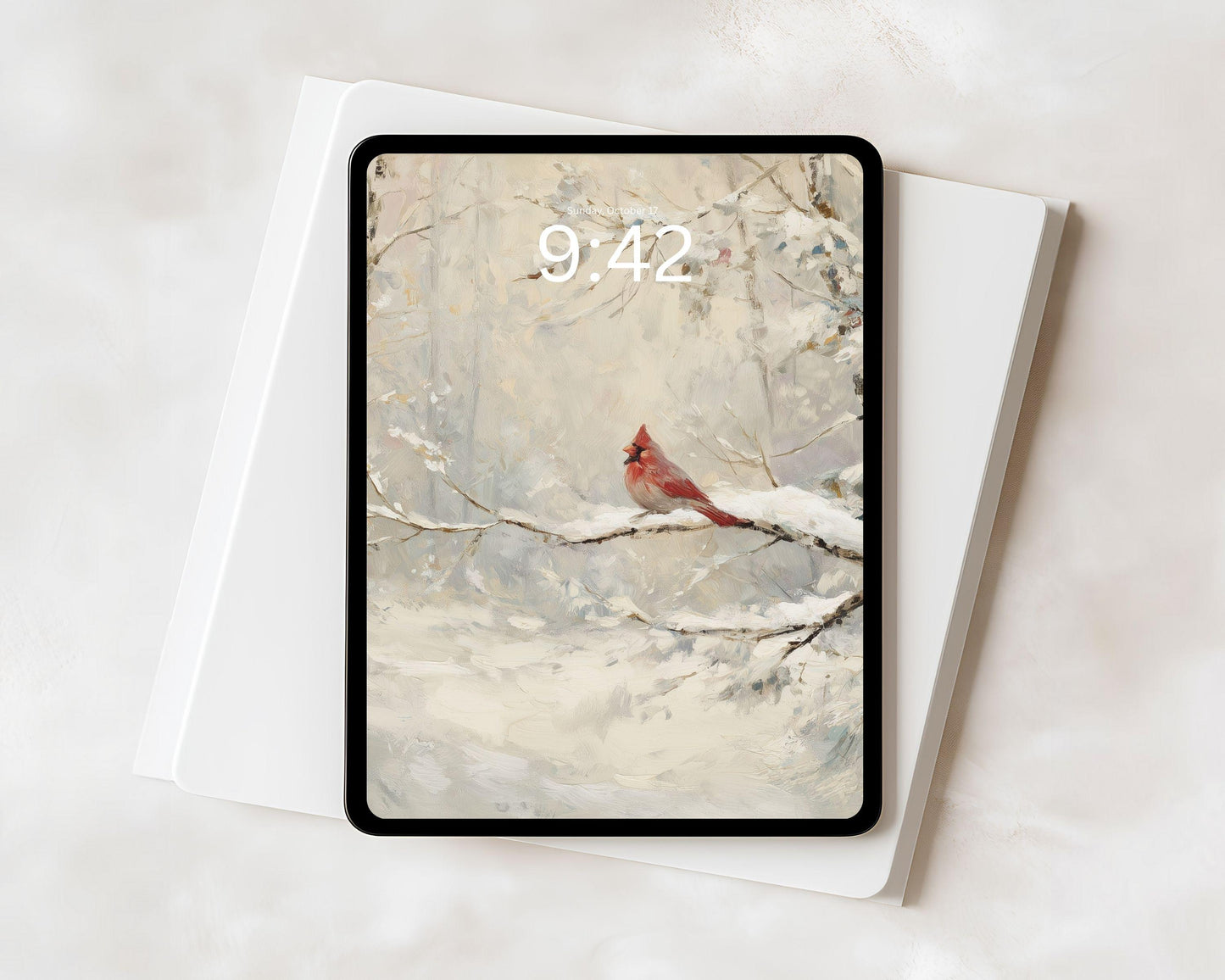 Red Cardinal iPad Wallpaper, Christmas iPad Background, Winter Tablet Wallpaper, Vintage Style Painting | WT157
