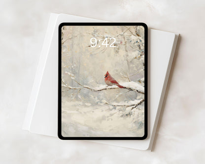 Red Cardinal iPad Wallpaper, Christmas iPad Background, Winter Tablet Wallpaper, Vintage Style Painting | WT157