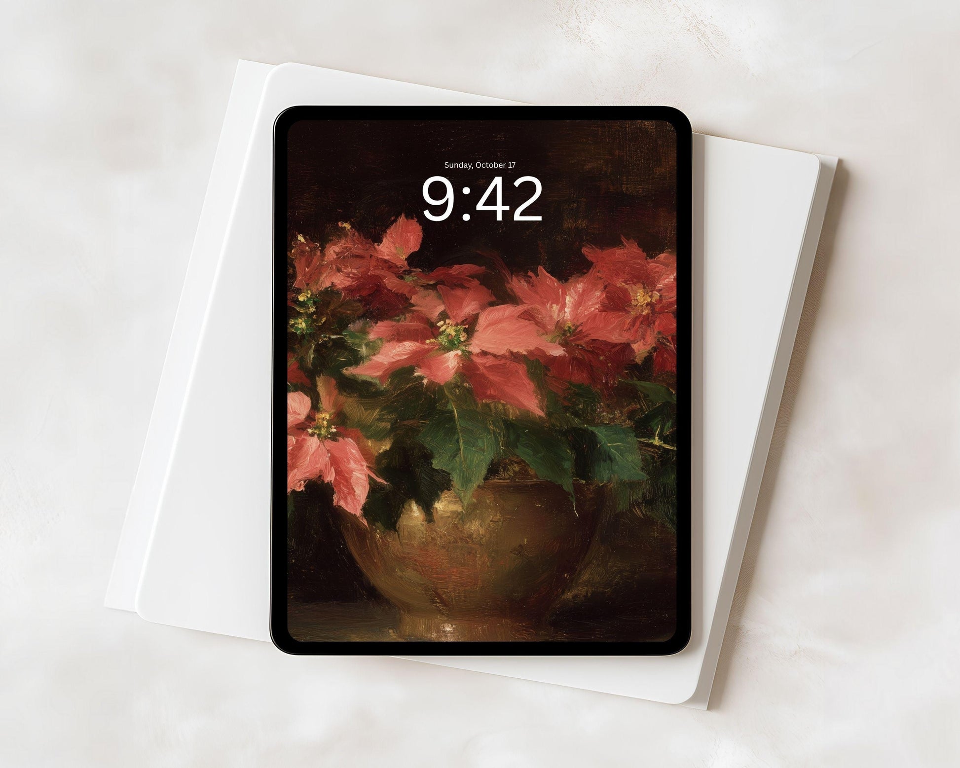 Poinsettia Flowers Desktop Wallpaper Set, Christmas Phone Wallpaper, Moody Floral iPhone Wallpaper, iPad Background Vintage Style | WS158