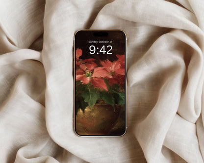 Poinsettia Flowers Desktop Wallpaper Set, Christmas Phone Wallpaper, Moody Floral iPhone Wallpaper, iPad Background Vintage Style | WS158