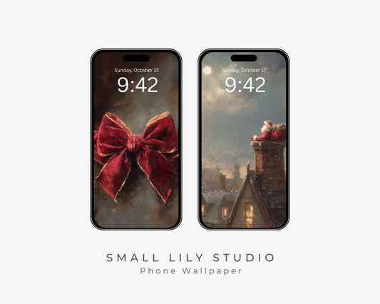 Christmas Phone Wallpaper Set of 2, Red Velvet Bow iPhone Wallpaper, Santa Samsung Galaxy Phone Background, Vintage Style Art | WPB006
