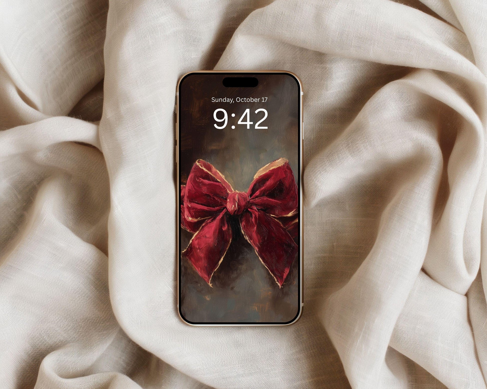 Christmas Phone Wallpaper Set of 2, Red Velvet Bow iPhone Wallpaper, Santa Samsung Galaxy Phone Background, Vintage Style Art | WPB006