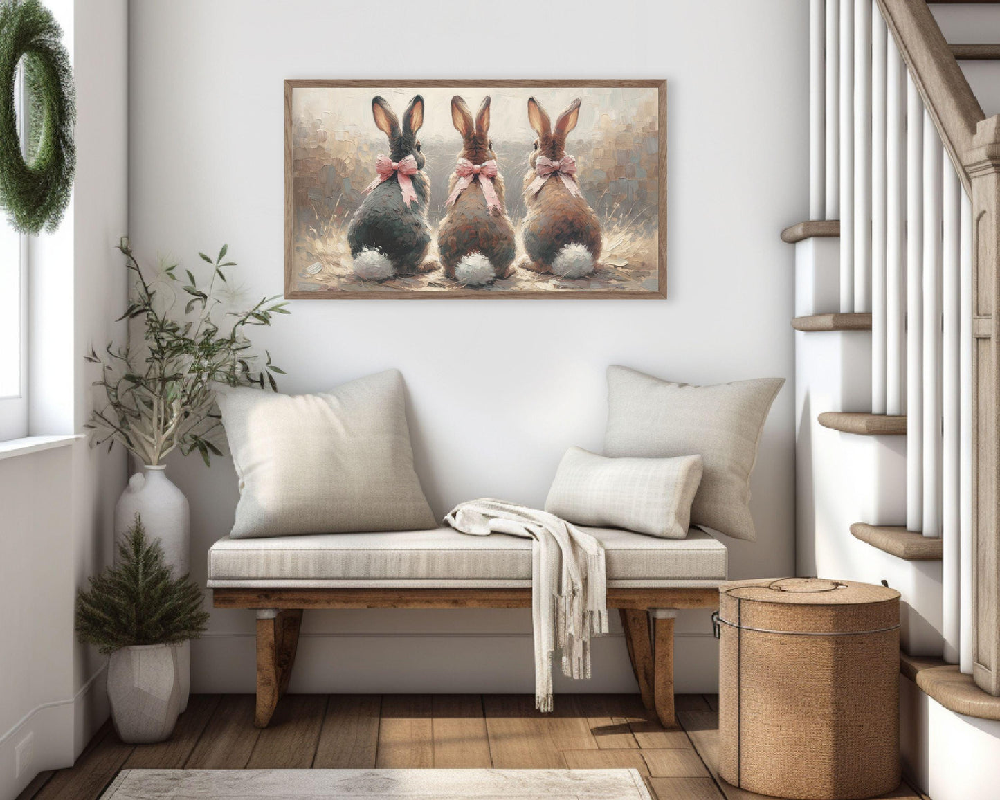 Easter Bunnies with Pink Bows Frame TV Art