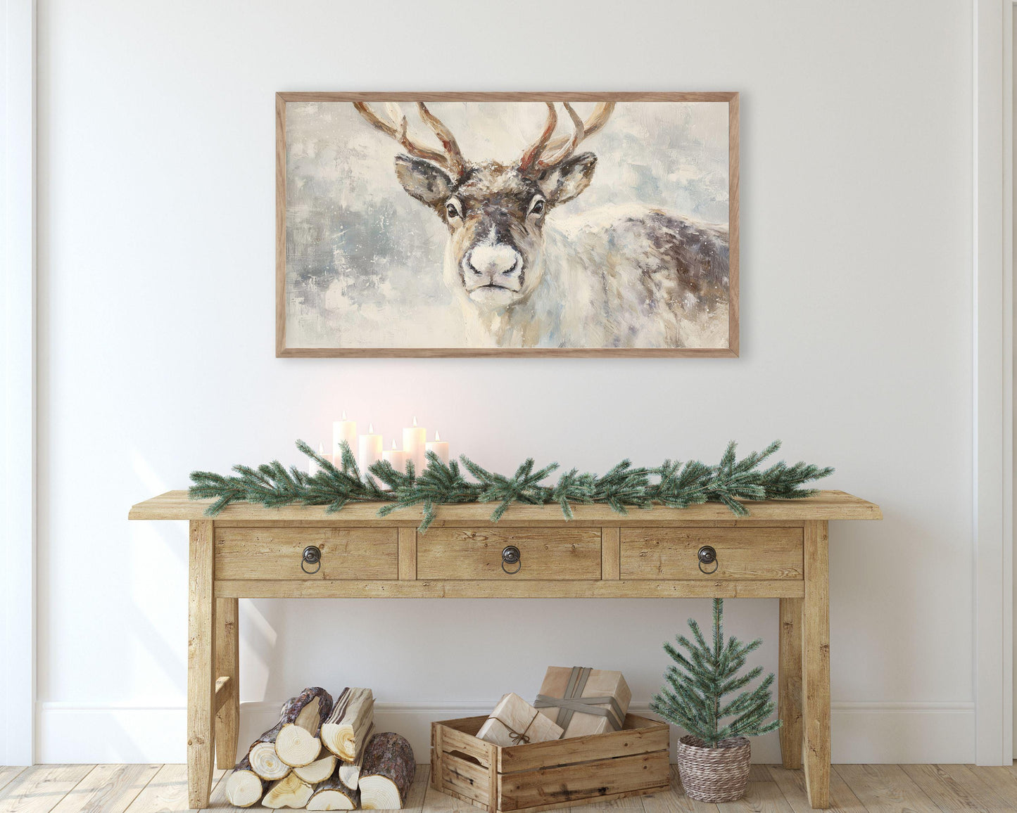 FRAME TV art Reindeer Portrait, Samsung Frame TV art Vintage Style Christmas Painting, Neutral Winter Animal Picture | TV1046