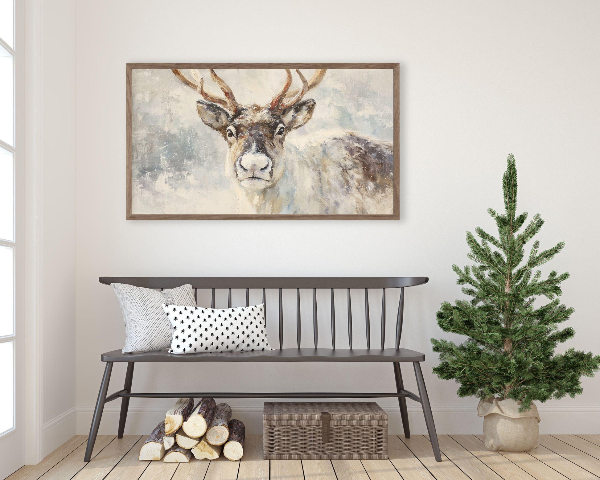 FRAME TV art Reindeer Portrait, Samsung Frame TV art Vintage Style Christmas Painting, Neutral Winter Animal Picture | TV1046