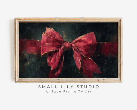 FRAME TV art Red Velvet Bow, Samsung Frame TV art Burgundy Christmas Vintage Style Painting | TV1052