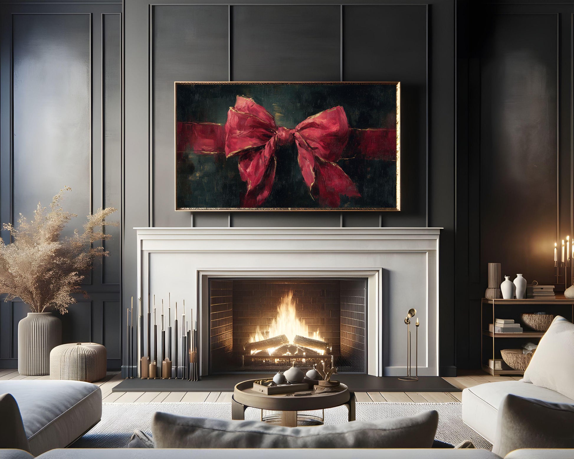 FRAME TV art Red Velvet Bow, Samsung Frame TV art Burgundy Christmas Vintage Style Painting | TV1052