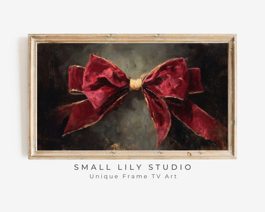 FRAME TV art Red Velvet Bow, Samsung Frame TV art Burgundy Christmas Vintage Style Painting | TV1053