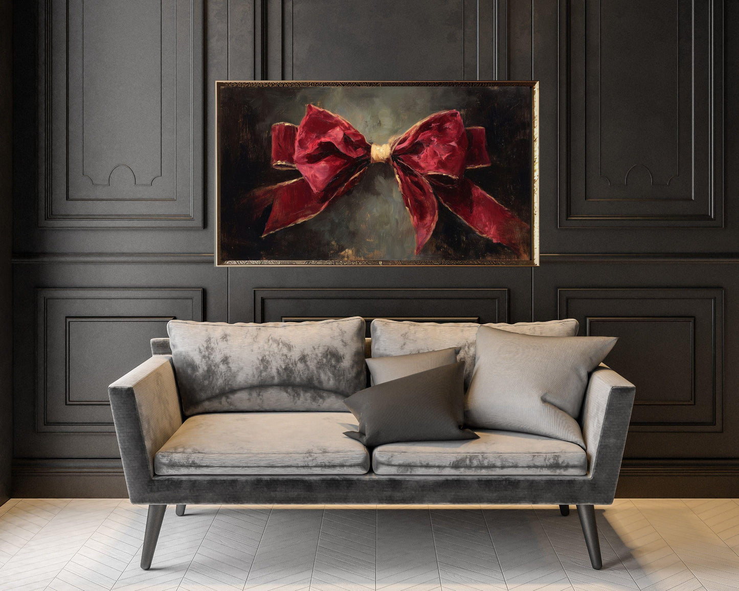 FRAME TV art Red Velvet Bow, Samsung Frame TV art Burgundy Christmas Vintage Style Painting | TV1053