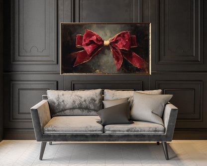 FRAME TV art Red Velvet Bow, Samsung Frame TV art Burgundy Christmas Vintage Style Painting | TV1053