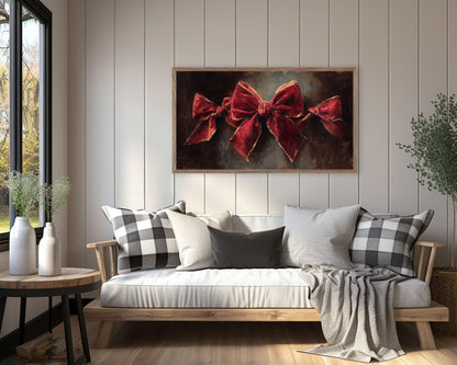 FRAME TV art Red Velvet Bows, Samsung Frame TV art Burgundy Christmas Vintage Style Painting | TV1054