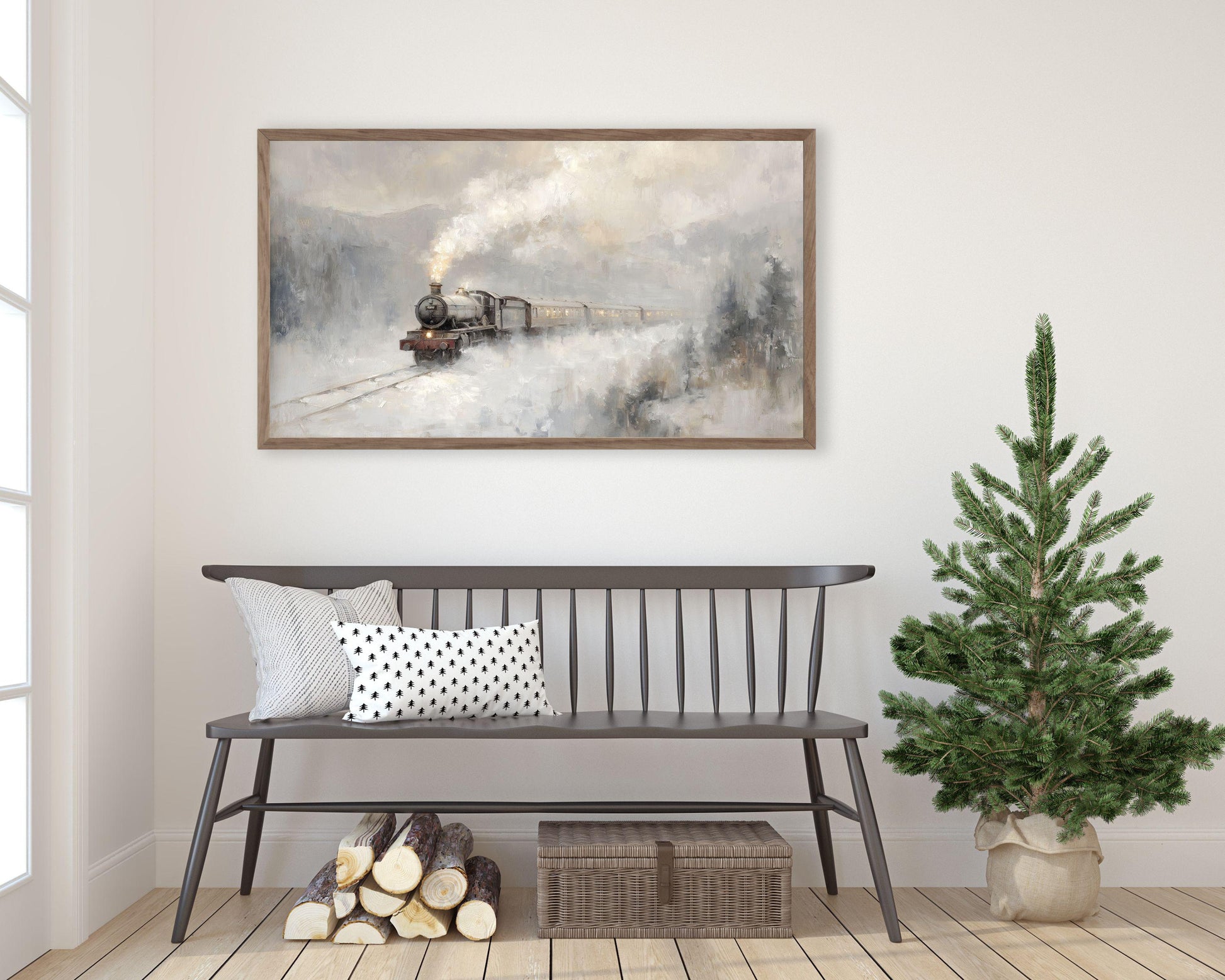 FRAME TV art Train in Winter Landscape, Samsung Frame TV art Minimalist Landscape Painting | TV1056