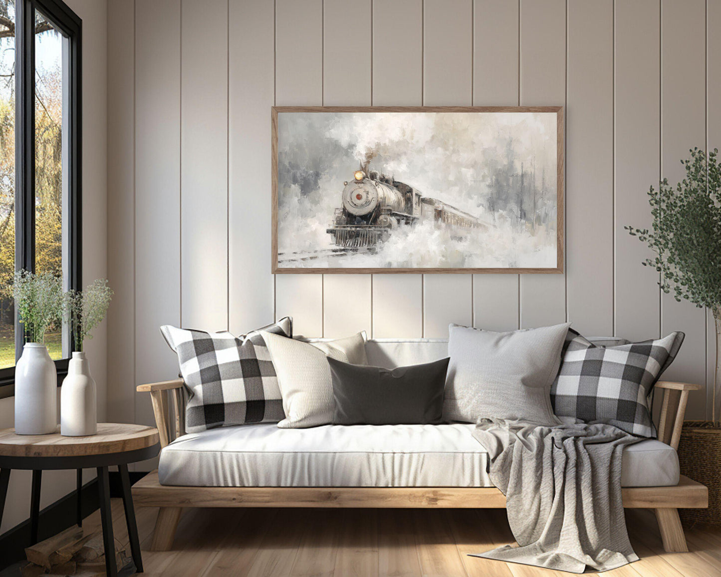 FRAME TV art Winter Train, Samsung Frame TV art Neutral Minimalist Painting | TV1057