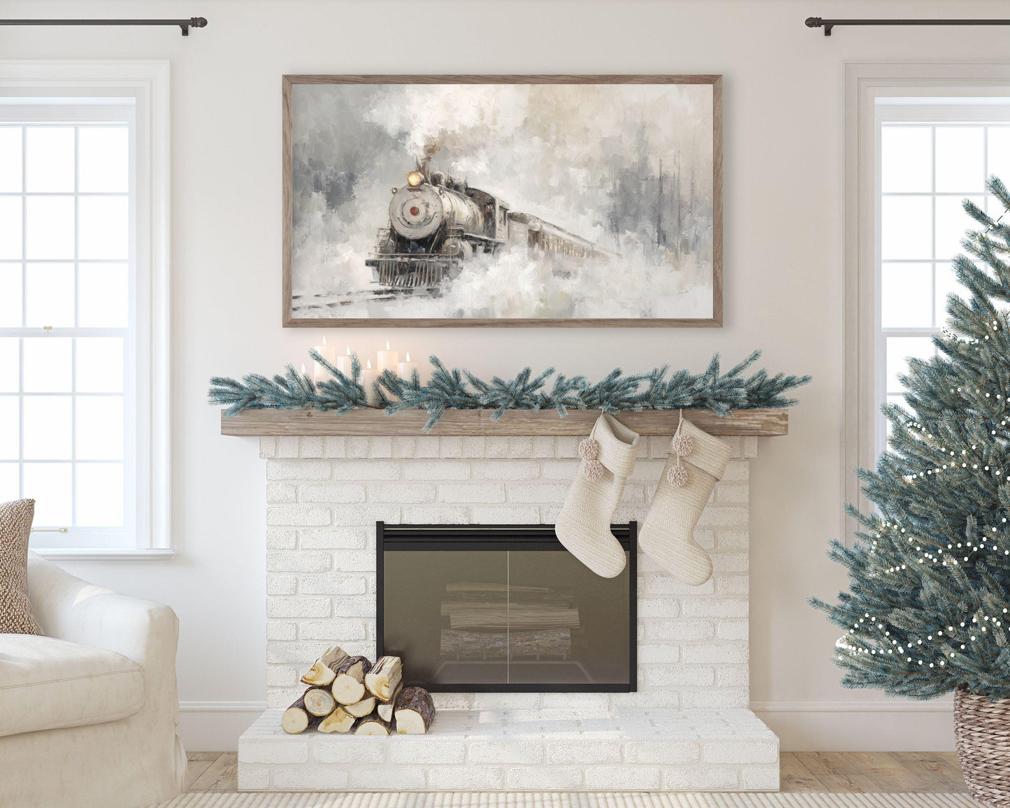 FRAME TV art Winter Train, Samsung Frame TV art Neutral Minimalist Painting | TV1057