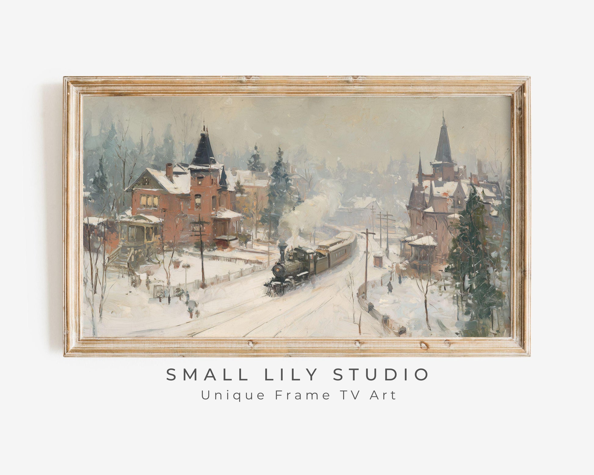 FRAME TV art Train in Winter Town, Samsung Frame TV art Rustic Country Landscape Vintage Style Painting | TV1058