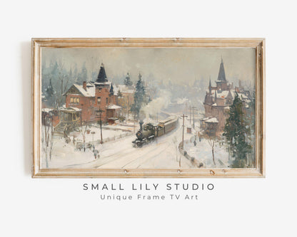 FRAME TV art Train in Winter Town, Samsung Frame TV art Rustic Country Landscape Vintage Style Painting | TV1058