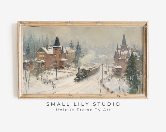FRAME TV art Train in Winter Town, Samsung Frame TV art Rustic Country Landscape Vintage Style Painting | TV1058