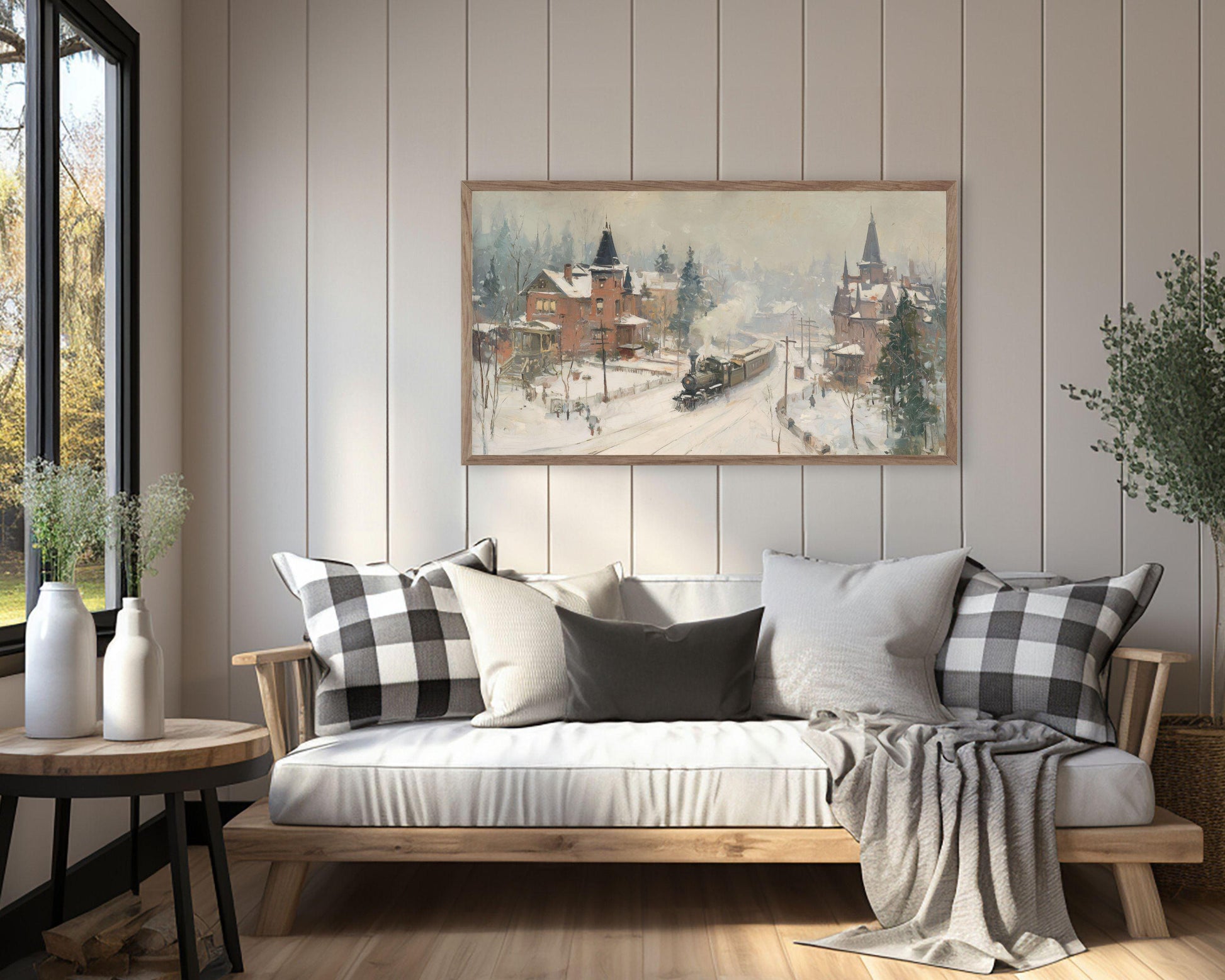 FRAME TV art Train in Winter Town, Samsung Frame TV art Rustic Country Landscape Vintage Style Painting | TV1058
