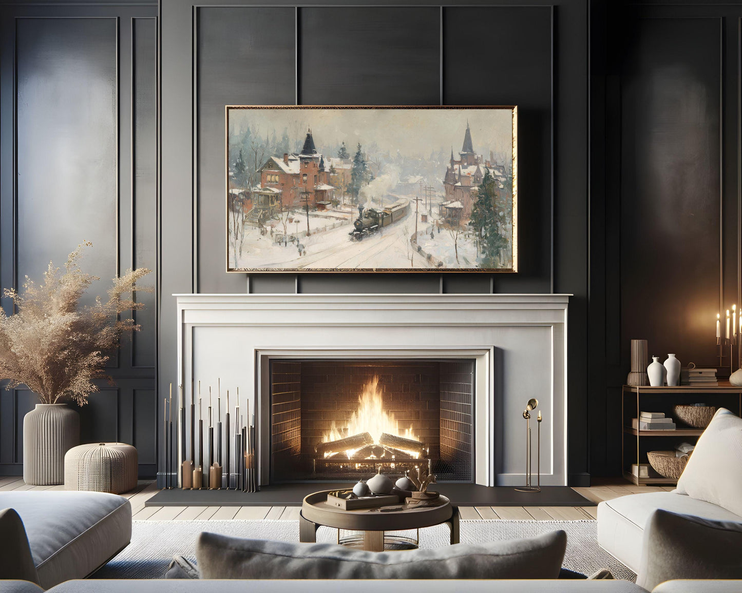 FRAME TV art Train in Winter Town, Samsung Frame TV art Rustic Country Landscape Vintage Style Painting | TV1058