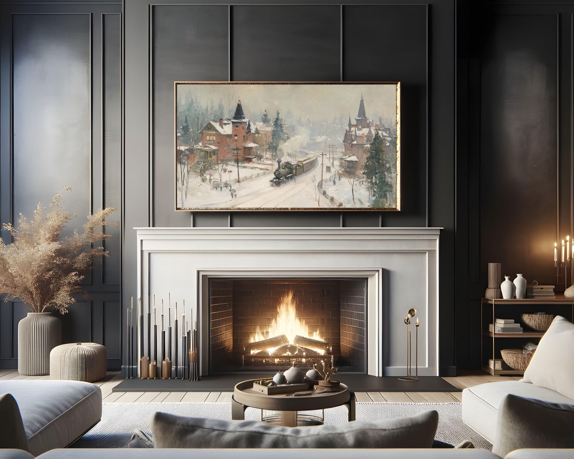 FRAME TV art Train in Winter Town, Samsung Frame TV art Rustic Country Landscape Vintage Style Painting | TV1058