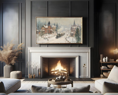FRAME TV art Train in Winter Town, Samsung Frame TV art Rustic Country Landscape Vintage Style Painting | TV1058
