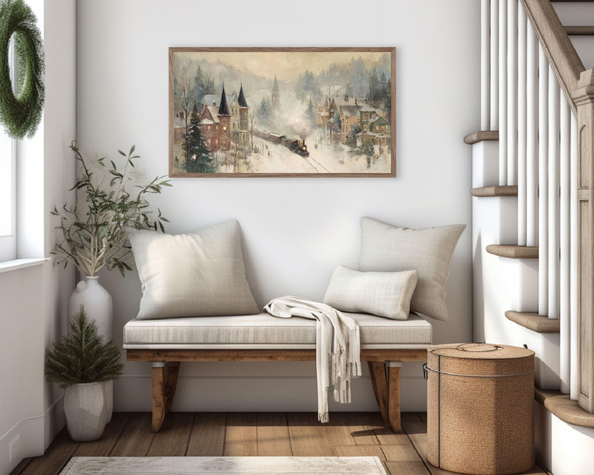 FRAME TV art Train in Winter Town, Samsung Frame TV art Rustic Country Landscape Vintage Style Painting | TV1059