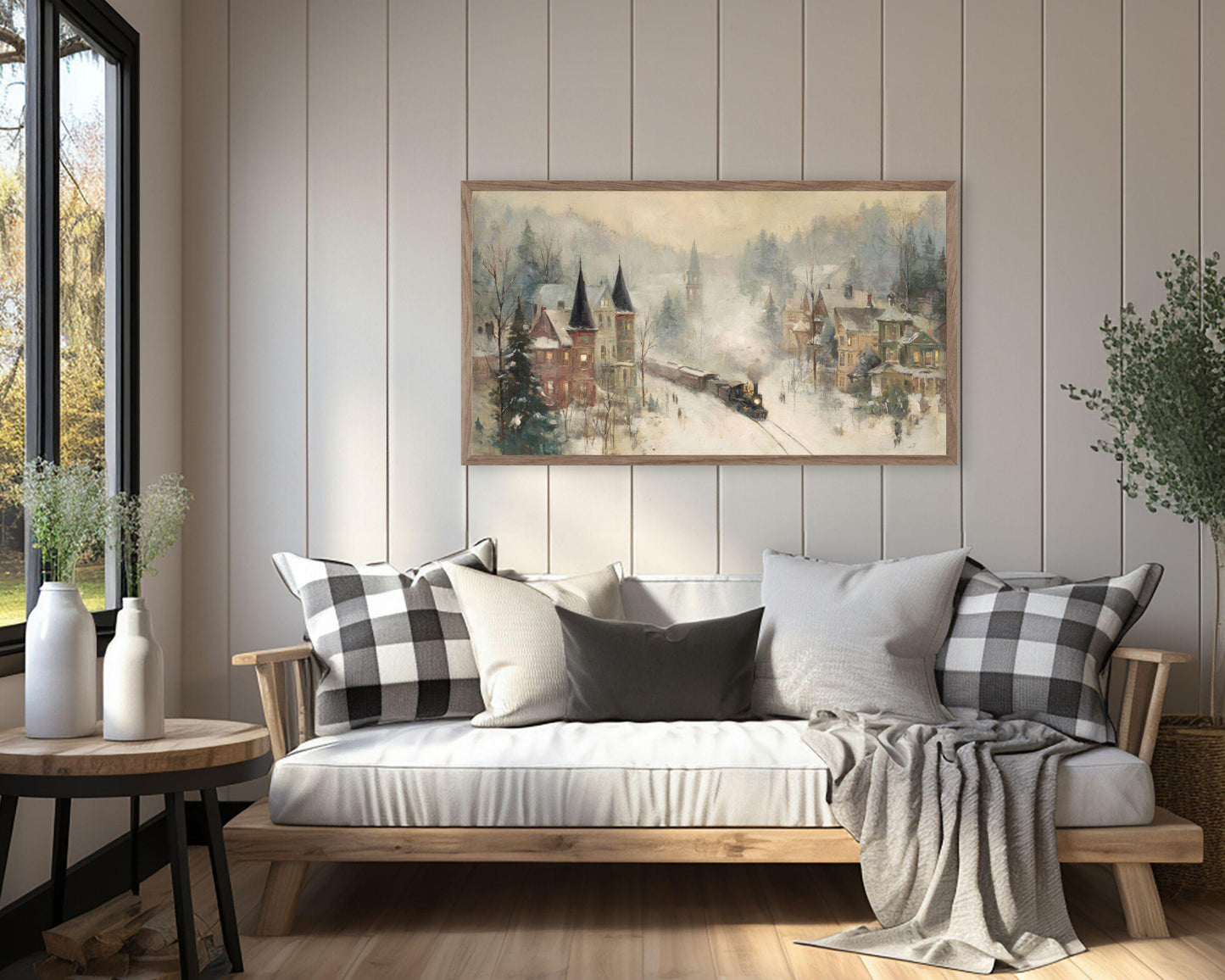 FRAME TV art Train in Winter Town, Samsung Frame TV art Rustic Country Landscape Vintage Style Painting | TV1059