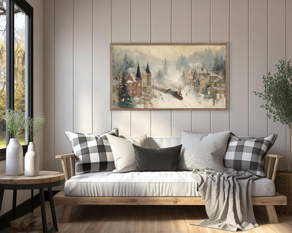 FRAME TV art Train in Winter Town, Samsung Frame TV art Rustic Country Landscape Vintage Style Painting | TV1059