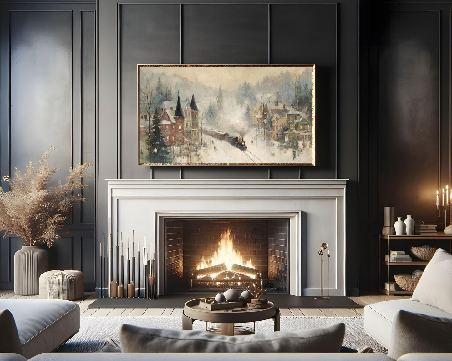 FRAME TV art Train in Winter Town, Samsung Frame TV art Rustic Country Landscape Vintage Style Painting | TV1059