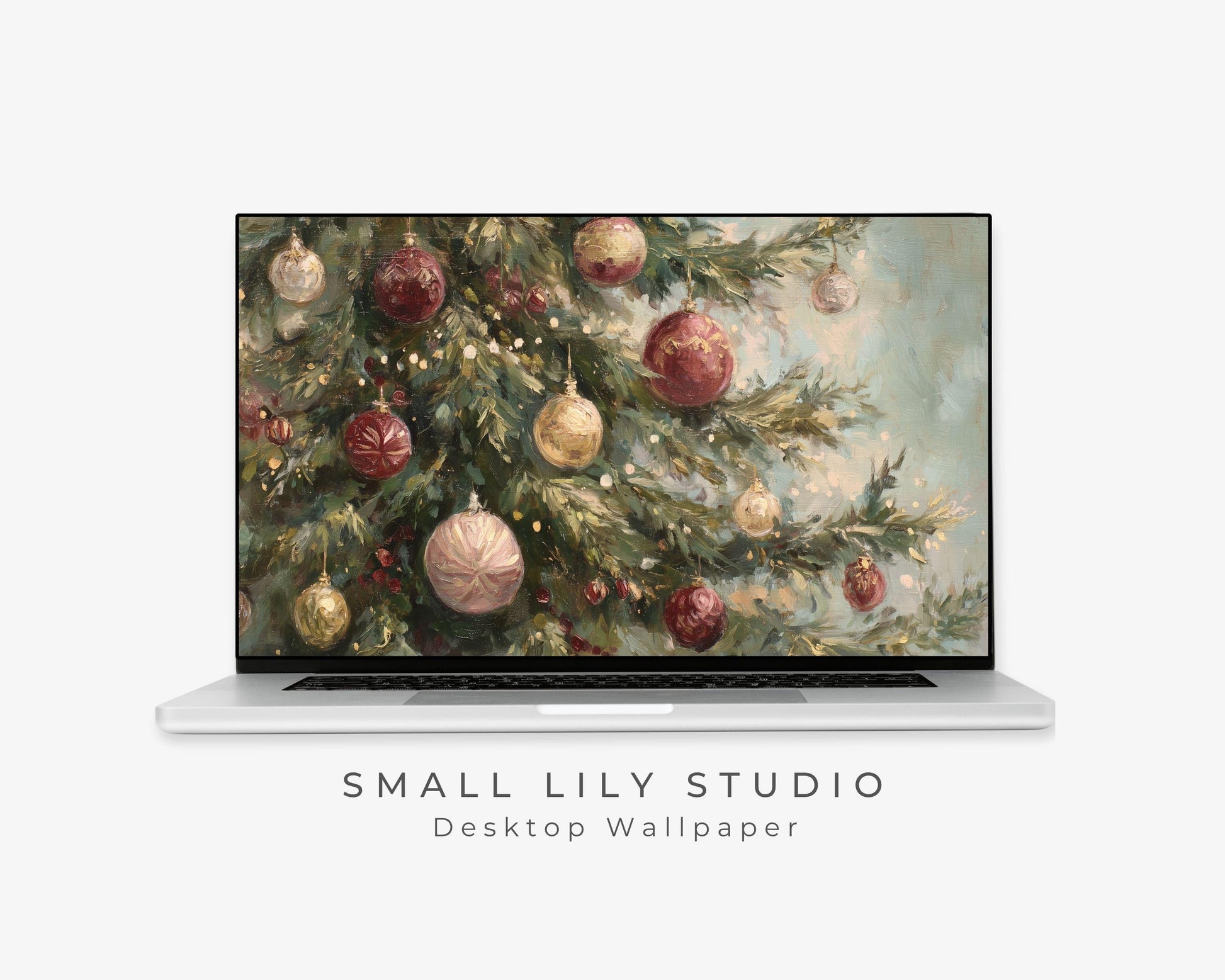 Burgundy Christmas Desktop Wallpaper Set, Christmas Tree Phone Wallpaper, Holiday iPhone Wallpaper, Vintage Style iPad Background | WD147