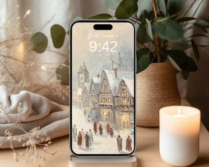 Bavarian Village Wallpaper Set, Christmas Phone Wallpaper, Winter iPhone Wallpaper, Holiday iPad Background Vintage Style | WS149