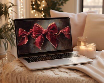 Red Velvet Bow Desktop Wallpaper Set, Holiday Phone Wallpaper, Christmas iPhone Wallpaper, Cute iPad Background | WS151