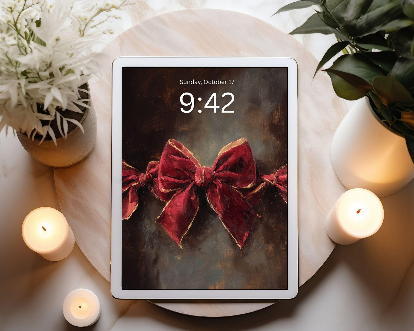 Red Velvet Bow Desktop Wallpaper Set, Holiday Phone Wallpaper, Christmas iPhone Wallpaper, Cute iPad Background | WS151