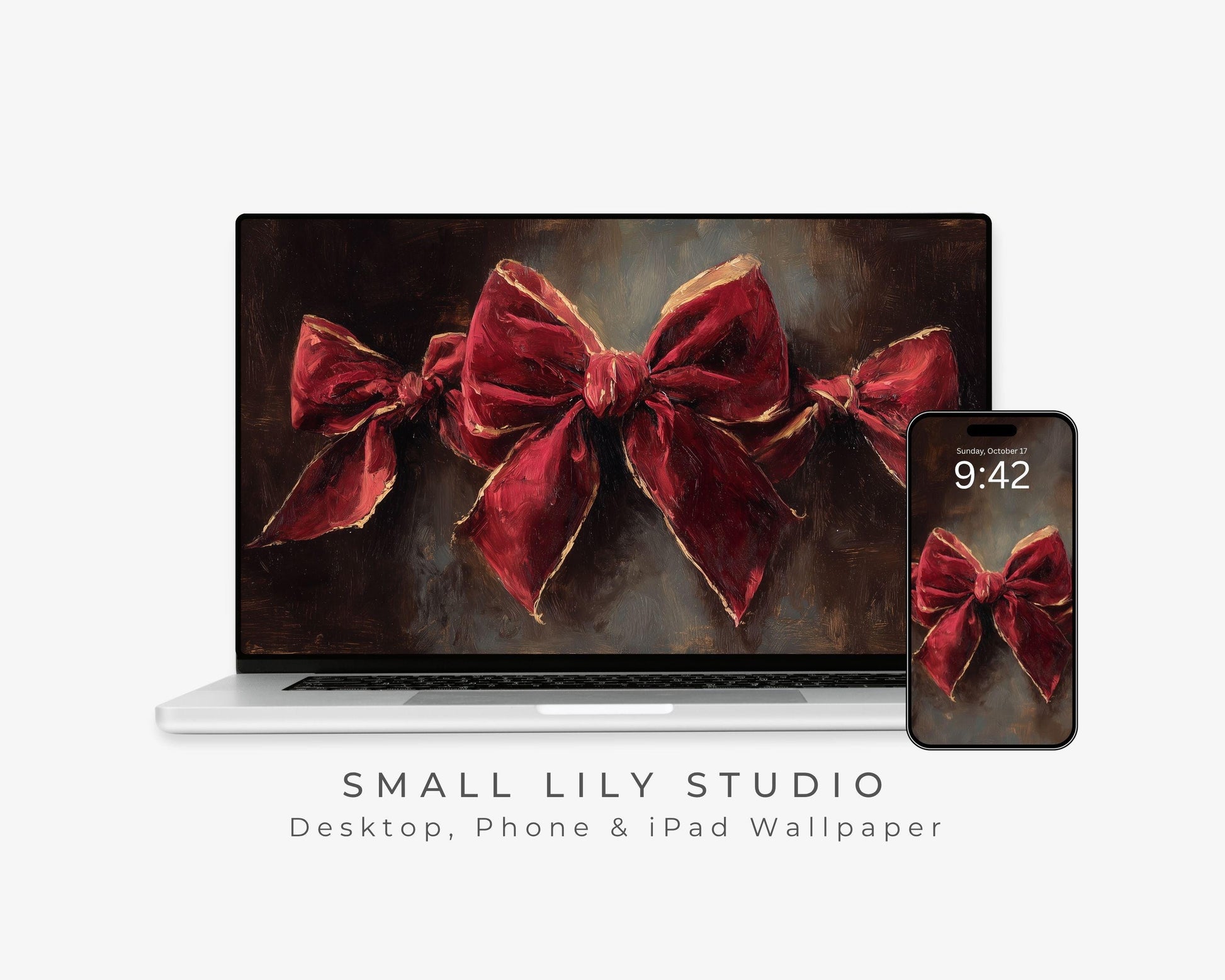 Red Velvet Bow Desktop Wallpaper Set, Holiday Phone Wallpaper, Christmas iPhone Wallpaper, Cute iPad Background | WS151