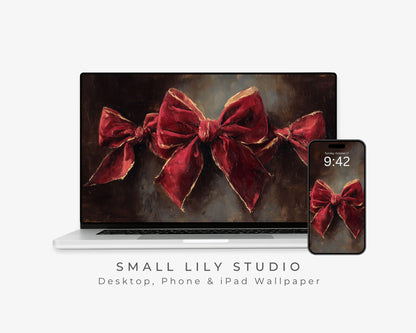 Red Velvet Bow Desktop Wallpaper Set, Holiday Phone Wallpaper, Christmas iPhone Wallpaper, Cute iPad Background | WS151