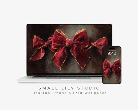 Red Velvet Bow Desktop Wallpaper Set, Holiday Phone Wallpaper, Christmas iPhone Wallpaper, Cute iPad Background | WS151