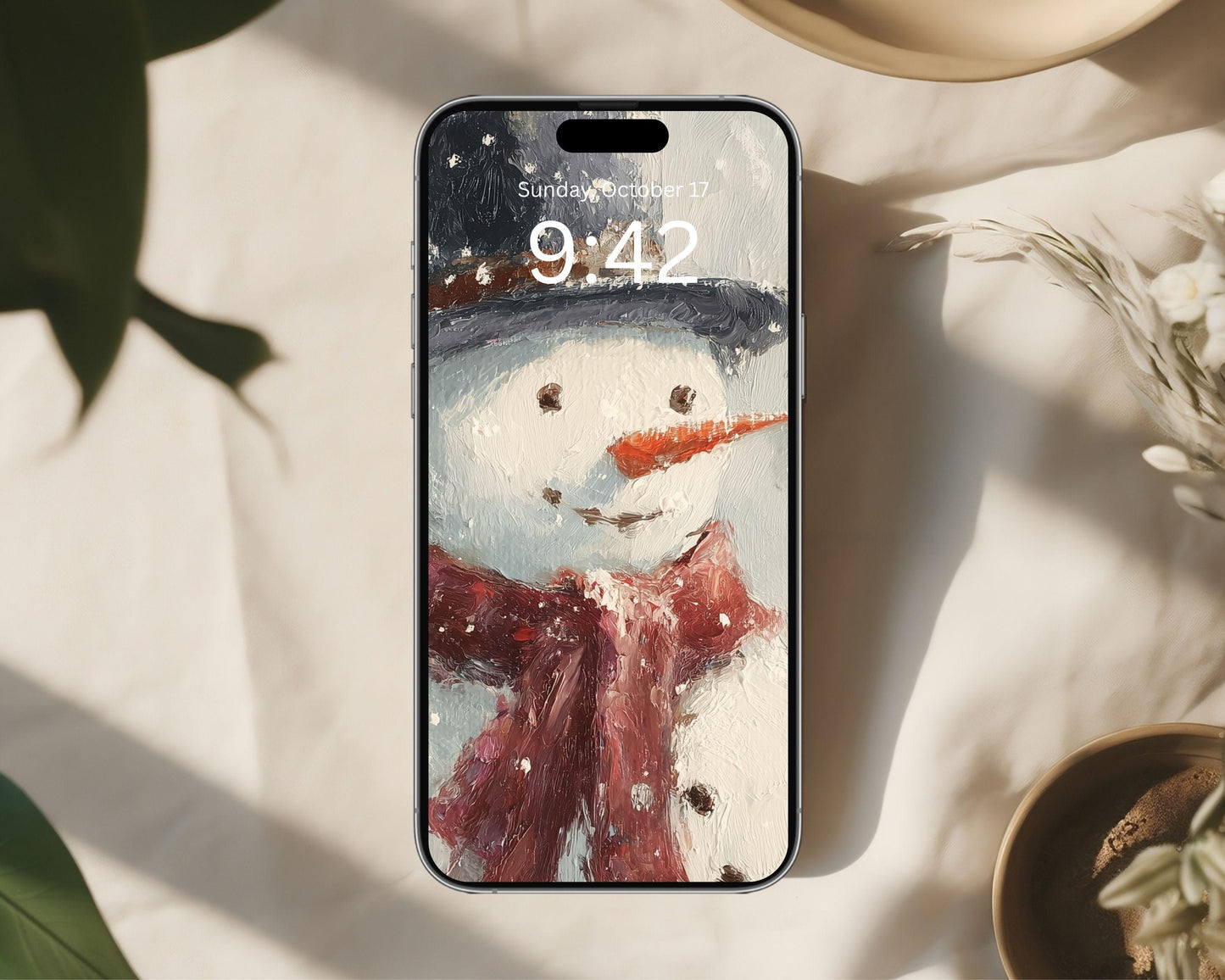 Snowman Phone Wallpaper, Holiday iPhone Wallpaper, Winter Samsung Galaxy Phone Background, Cute Christmas Art | WP148