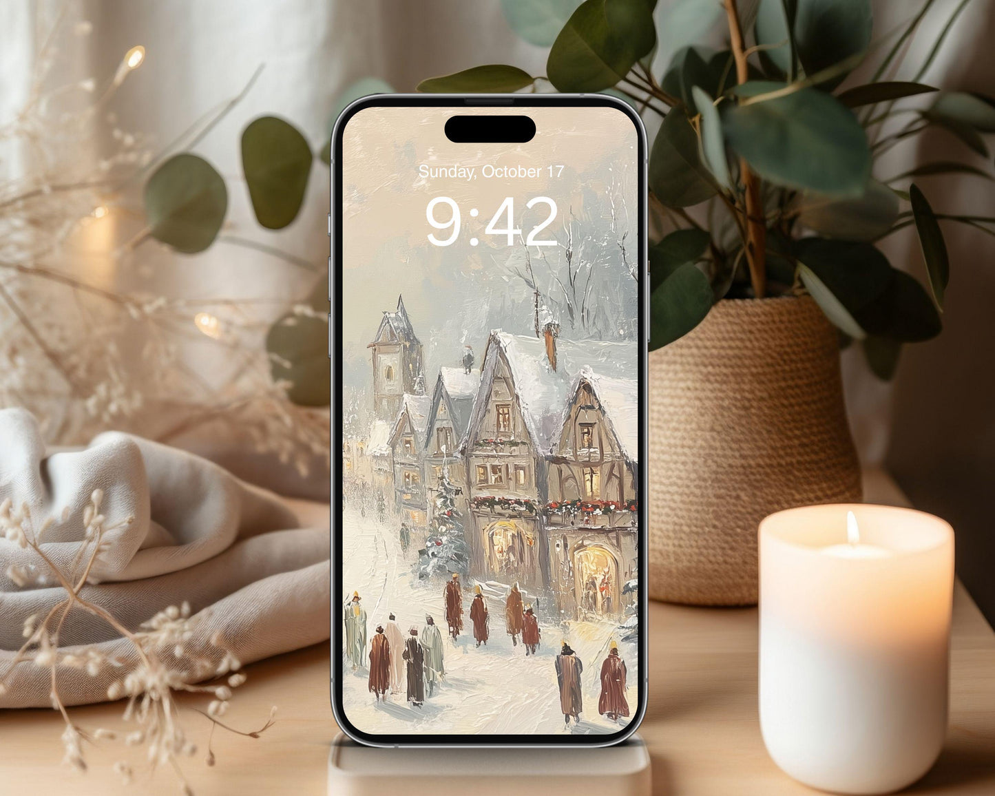 Bavarian Village Phone Wallpaper, Christmas iPhone Wallpaper, Holiday Samsung Galaxy Phone Background, Winter Vintage Style Art | WP149