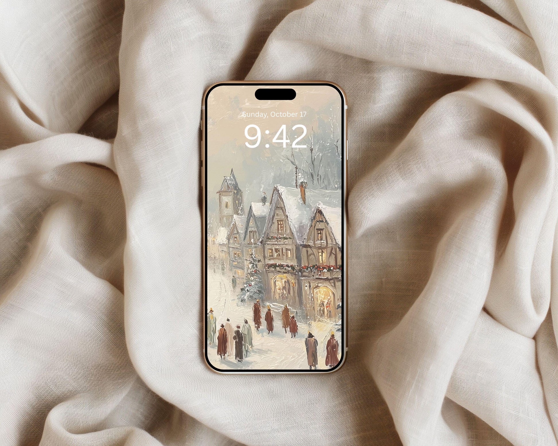 Bavarian Village Phone Wallpaper, Christmas iPhone Wallpaper, Holiday Samsung Galaxy Phone Background, Winter Vintage Style Art | WP149