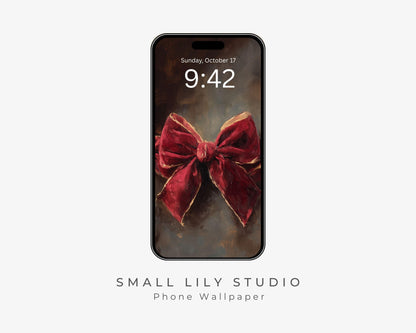 Red Velvet Bow Phone Wallpaper, Holiday iPhone Wallpaper, Christmas Samsung Galaxy Phone Background, Cute Christmas Art | WP151