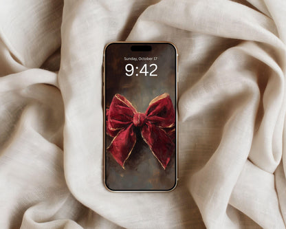 Red Velvet Bow Phone Wallpaper, Holiday iPhone Wallpaper, Christmas Samsung Galaxy Phone Background, Cute Christmas Art | WP151