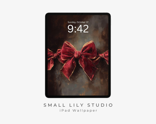 Red Velvet Bow iPad Wallpaper, Holiday iPad Background, Christmas Tablet Wallpaper, Cute Burgundy Ribbon Painting | WT151