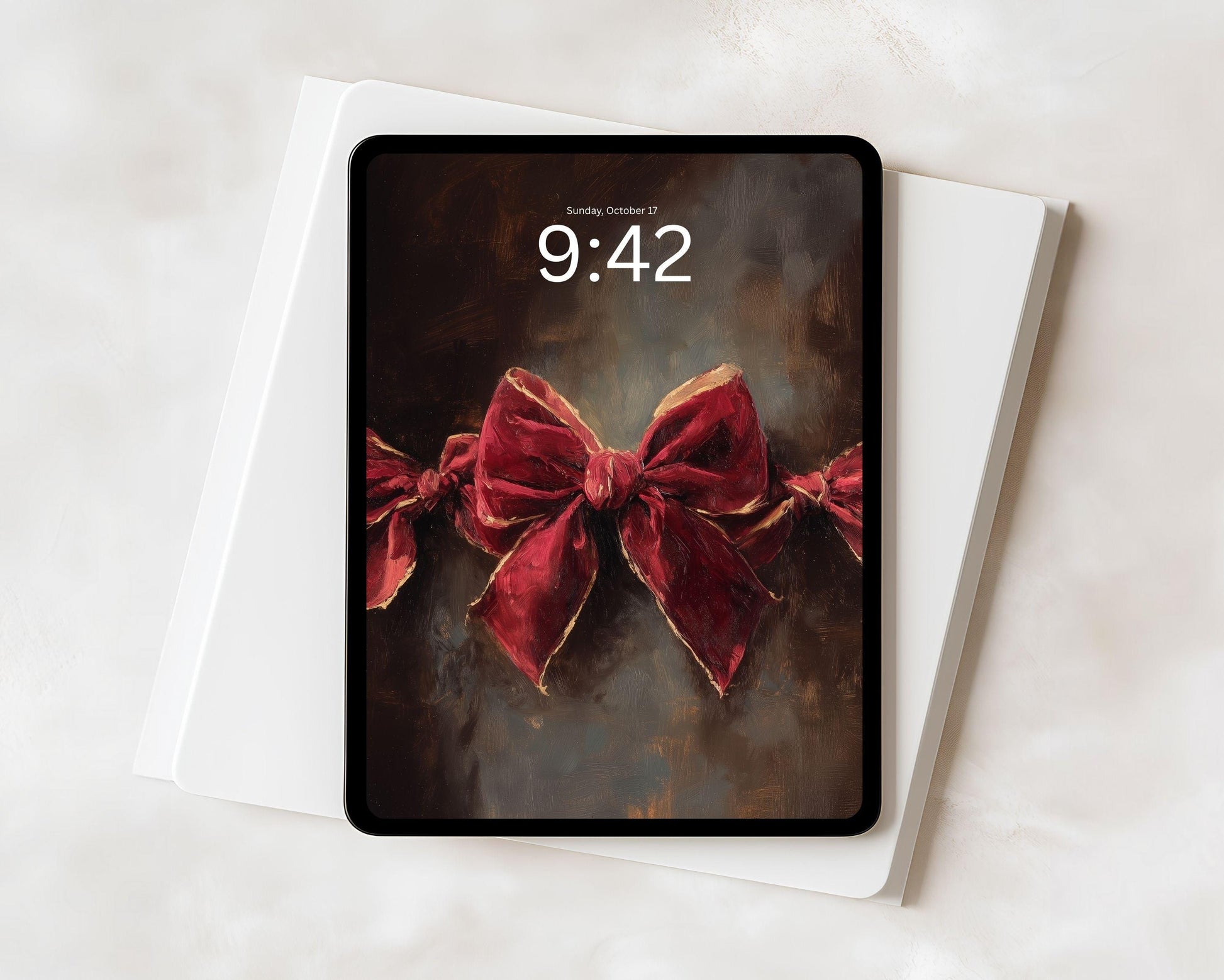 Red Velvet Bow iPad Wallpaper, Holiday iPad Background, Christmas Tablet Wallpaper, Cute Burgundy Ribbon Painting | WT151