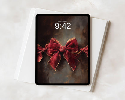Red Velvet Bow iPad Wallpaper, Holiday iPad Background, Christmas Tablet Wallpaper, Cute Burgundy Ribbon Painting | WT151