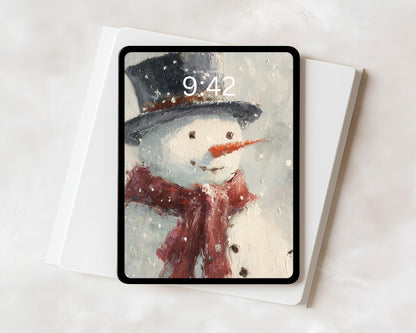 Snowman iPad Wallpaper, Holiday iPad Background, Winter Tablet Wallpaper, Cute Christmas Painting | WT148