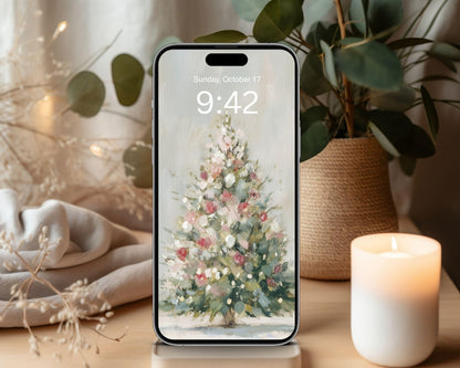 Christmas Tree Phone Wallpaper Set of 2, Holiday iPhone Wallpapers, Cute Samsung Galaxy Phone Background, Vintage Style Art | WPB004