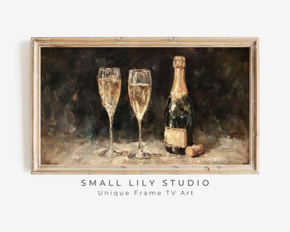 FRAME TV art Champagne and Glasses, Samsung Frame TV art Moody New Years Celebration, Vintage Style Painting for Party| TV1062