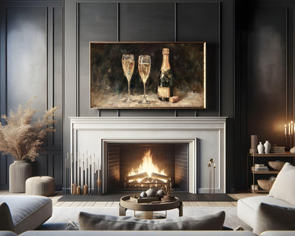 FRAME TV art Champagne and Glasses, Samsung Frame TV art Moody New Years Celebration, Vintage Style Painting for Party| TV1062